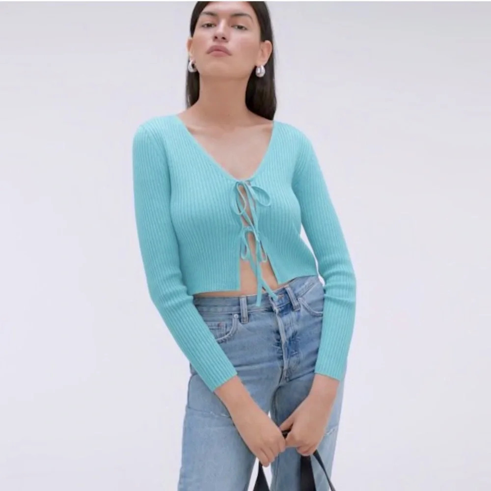 Everlane The Cotton-Merino Ribbed Front-Tie Top in Blue Size Medium